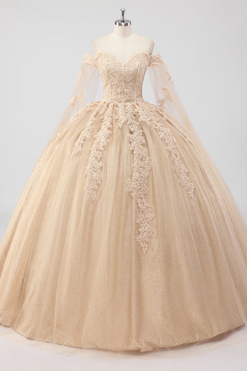 Prinsesse Champagne Off the Shoulder Cape Sleeves Tyl Quinceanera Kjole med applikationer